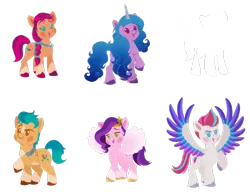 Size: 2281x1750 | Tagged: safe, artist:robots-art, derpibooru import, hitch trailblazer, izzy moonbow, pipp petals, sunny starscout, zipp storm, alicorn, earth pony, pegasus, pony, unicorn, my little pony: a new generation, alicornified, g5, image, mane five (g5), open mouth, png, simple background, sunnycorn, transparent background