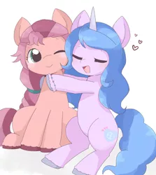 Size: 1864x2089 | Tagged: safe, artist:ginmaruxx, derpibooru import, izzy moonbow, sunny starscout, earth pony, pony, unicorn, my little pony: a new generation, spoiler:my little pony: a new generation, cute, female, g5, heart, hug, image, izzybetes, izzyscout, jpeg, lesbian, mare, shipping, simple background, sunnybetes, white background