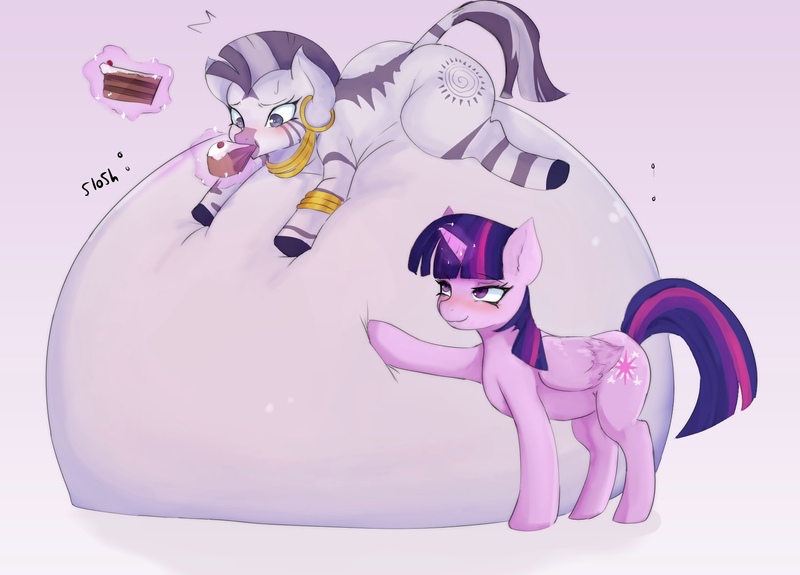 Size: 1708x1227 | Tagged: questionable, artist:tsuchiinokocoin, derpibooru import, twilight sparkle, twilight sparkle (alicorn), zecora, alicorn, pony, zebra, belly, belly bed, belly expansion, big belly, blushing, duo, duo female, feedee, feeder, feeding, female, females only, glow, glowing horn, gradient background, growth, horn, huge belly, image, impossibly large belly, inflation, jpeg, levitation, magic, magic aura, poking, raised hoof, squishy, stomach noise, stuffed belly, stuffing, telekinesis, weight gain