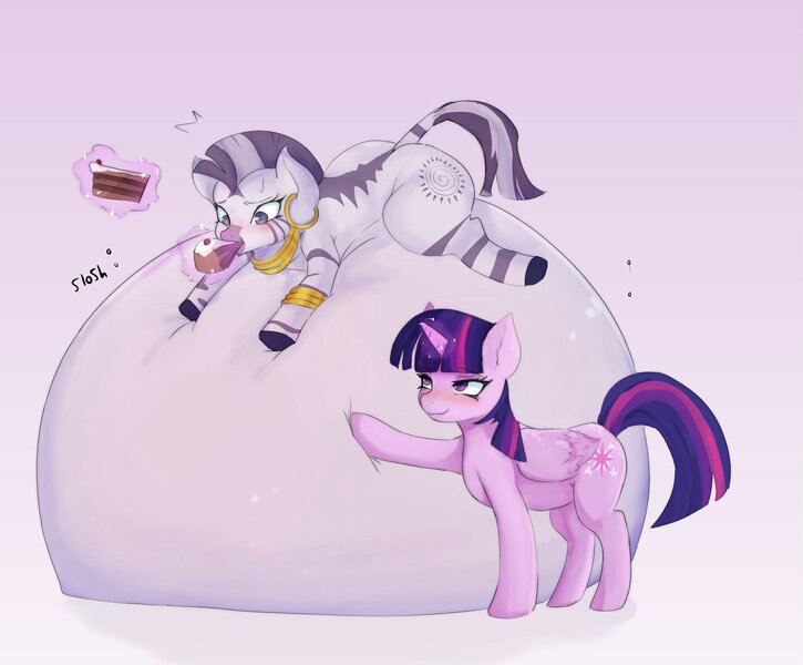 Size: 1757x1455 | Tagged: questionable, artist:tsuchiinokocoin, derpibooru import, twilight sparkle, twilight sparkle (alicorn), zecora, alicorn, pony, zebra, belly, belly bed, belly expansion, big belly, blushing, duo, duo female, feedee, feeder, feeding, female, females only, glow, glowing horn, gradient background, growth, horn, huge belly, image, impossibly large belly, inflation, jpeg, levitation, magic, magic aura, poking, raised hoof, squishy, stomach noise, stuffed belly, stuffing, telekinesis, weight gain
