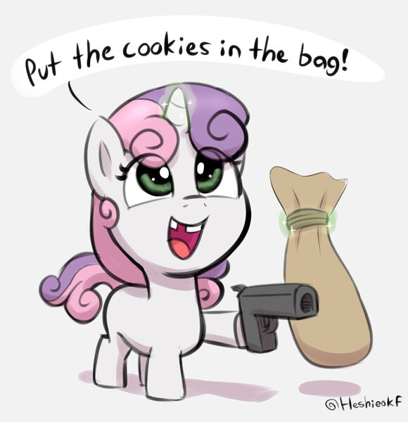 Size: 1428x1478 | Tagged: safe, artist:heretichesh, derpibooru import, sweetie belle, pony, unicorn, bag, cute, dexterous hooves, diasweetes, eye clipping through hair, female, filly, glow, glowing horn, gun, handgun, hoof hold, horn, image, jpeg, levitation, magic, magnetic hooves, pistol, robbery, simple background, solo, speech bubble, telekinesis, tooth gap, weapon, white background