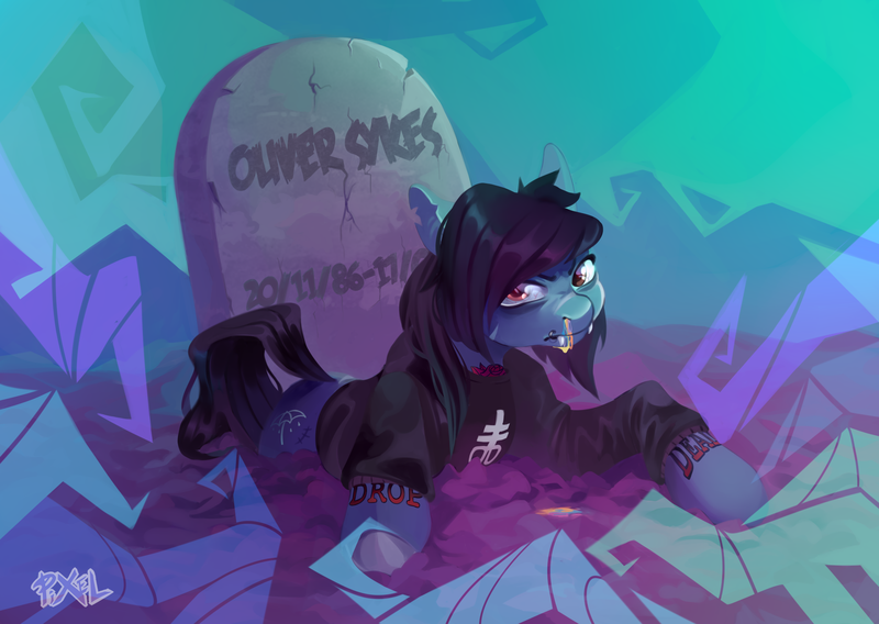 Size: 2000x1419 | Tagged: safe, artist:pixelgreen, derpibooru import, oc, ponified, ponified:oliver sykes, earth pony, pony, undead, zombie, zombie pony, blood, bone, bring me the horizon, clothes, commission, drop dead clothing, fangs, gravestone, image, long sleeves, looking at you, male, nosebleed, png, rainbow blood, shirt, solo, stallion, tattoo, torn ear, ych result