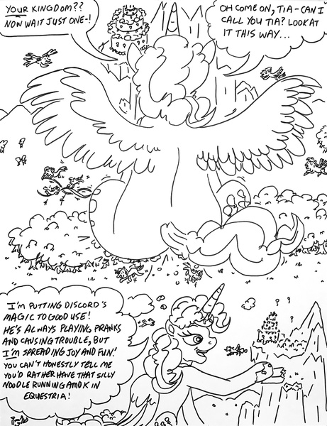 Size: 2263x2945 | Tagged: safe, artist:jamestkelley, derpibooru import, part of a set, pinkie pie, princess celestia, alicorn, earth pony, pegasus, unicorn, comic:princess pinkie's conquest of chaos, spoiler:comic57, cake, canterlot castle, canterlot mountain, chaos, comic, everfree forest, food, image, jewelry, jpeg, macro, part of a series, race swap, regalia, rock candy, sitting, sketch, speech bubble, spread wings, traditional art, wings