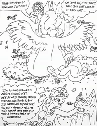 Size: 2263x2945 | Tagged: safe, artist:jamestkelley, derpibooru import, part of a set, pinkie pie, princess celestia, alicorn, earth pony, pegasus, unicorn, comic:princess pinkie's conquest of chaos, spoiler:comic57, cake, canterlot castle, canterlot mountain, chaos, comic, everfree forest, food, image, jewelry, jpeg, macro, part of a series, race swap, regalia, rock candy, sitting, sketch, speech bubble, spread wings, traditional art, wings