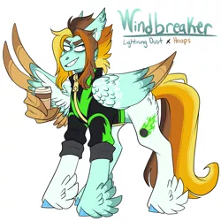Size: 3000x3000 | Tagged: safe, artist:gingygin, derpibooru import, oc, oc:windbreaker, unofficial characters only, pegasus, pony, clothes, coffee cup, cup, feathered fetlocks, image, male, offspring, parent:hoops, parent:lightning dust, png, simple background, solo, stallion, uniform, washouts uniform, white background, wing hands, wings