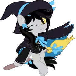 Size: 5005x5000 | Tagged: safe, artist:jhayarr23, derpibooru import, oc, oc:lightning dee, unofficial characters only, pegasus, pony, bow, bracelet, bring me the horizon, broom, cape, clothes, colored sclera, commission, fangs, female, flying, folded wings, halloween, happy, hat, holiday, image, looking at you, mare, one eye closed, png, simple background, smiling, spiked wristband, transparent background, wings, wink, witch, witch hat, wristband, ych result