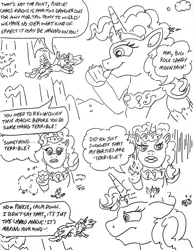 Size: 2327x3007 | Tagged: safe, artist:jamestkelley, derpibooru import, pinkie pie, princess celestia, alicorn, pegasus, pony, comic:princess pinkie's conquest of chaos, spoiler:comic57, angry, burning, canterlot mountain, comic, crash, dizzy, fire, image, jpeg, licking, race swap, rock candy, sketch, speech bubble, tongue out, traditional art