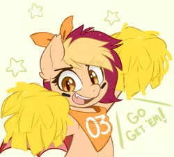 Size: 1287x1163 | Tagged: safe, artist:higgly-chan, derpibooru import, oc, oc:pep rally, unofficial characters only, bat pony, pony, bandana, bat pony oc, bat wings, bow, cheerleader, cute, cute little fangs, dialogue, face paint, fangs, hair bow, image, looking at you, open mouth, png, pom pom, simple background, smiling, smiling at you, white background, wings