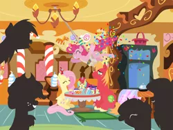 Size: 2880x2160 | Tagged: safe, anonymous artist, derpibooru import, applejack, big macintosh, fluttershy, pinkie pie, rainbow dash, rarity, twilight sparkle, oc, oc:late riser, earth pony, pegasus, pony, unicorn, series:fm holidays, baby, baby pony, birthday cake, birthday candles, birthday gift, birthday party, cake, candle, colt, confetti, eyes closed, family, female, fluttermac, food, frog (hoof), hat, highchair, image, male, mane six, mare, offspring, parent:big macintosh, parent:fluttershy, parents:fluttermac, party, party hat, party horn, png, present, shipping, silhouette, sitting, smiling, stallion, straight, sugarcube corner, underhoof