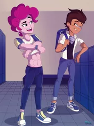 Size: 2758x3707 | Tagged: safe, artist:felux, pinkie pie, oc, oc:copper plume, human, equestria girls, abs, belly button, bubble berry, canon x oc, clothes, commissioner:imperfectxiii, gay, image, jpeg, locker room, love, male, pink hair, rule 63, shipping, shirt, shirt lift