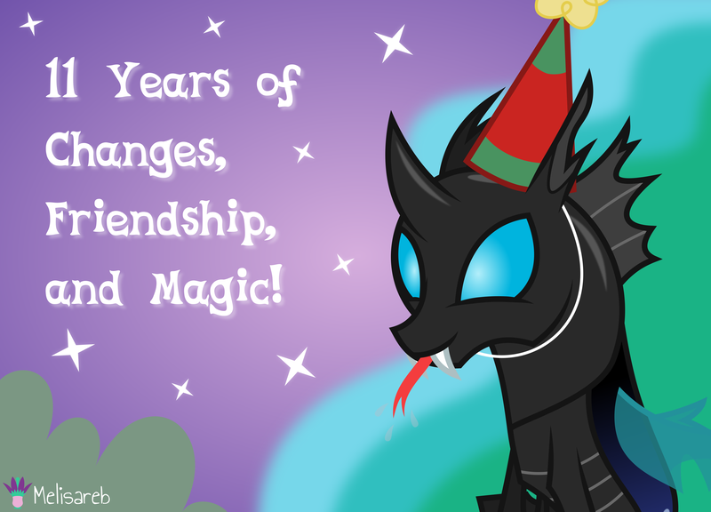 Size: 5556x4000 | Tagged: safe, artist:melisareb, derpibooru import, kevin (changeling), changeling, pony, .svg available, :p, absurd resolution, fangs, forked tongue, happy birthday mlp:fim, hat, image, male, mlp fim's eleventh anniversary, party hat, png, raspberry, solo, stallion, text, tongue out, vector
