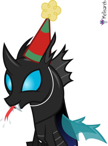 Size: 4000x5376 | Tagged: safe, alternate version, artist:melisareb, derpibooru import, kevin (changeling), changeling, pony, .svg available, :p, absurd resolution, fangs, forked tongue, happy birthday mlp:fim, hat, image, male, mlp fim's eleventh anniversary, party hat, png, raspberry, simple background, solo, stallion, text, tongue out, transparent background, vector