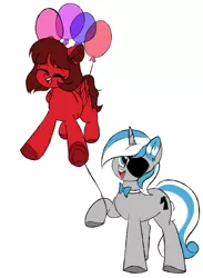 Size: 1600x2182 | Tagged: safe, artist:thieftea, derpibooru import, oc, oc:cinnamon pop, oc:sekr gray, pegasus, unicorn, balloon, bowtie, excited, eyepatch, flying, happy, image, png, simple background, white background