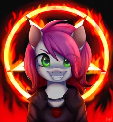 Size: 4357x4698 | Tagged: safe, artist:megabait, derpibooru import, oc, demon, pony, amulet, bust, clothes, devil, evil, image, jewelry, png, portrait, robe, satan, satanic, smiling