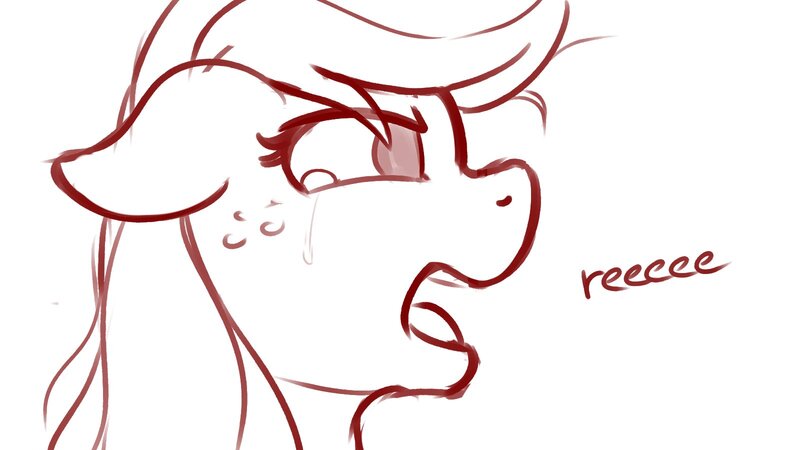 Size: 1600x900 | Tagged: safe, artist:ratofdrawn, applejack, earth pony, pony, bust, crying, dialogue, female, freckles, image, jpeg, mare, monochrome, open mouth, reeee, simple background, sketch, solo, teary eyes, white background