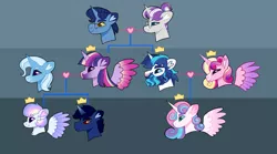 Size: 4500x2500 | Tagged: safe, artist:loryska, derpibooru import, night light, princess cadance, princess flurry heart, shining armor, trixie, twilight sparkle, twilight sparkle (alicorn), twilight velvet, oc, oc:indigo sky, oc:ipomoea (loryska), alicorn, pony, beard, facial hair, family tree, female, image, lesbian, magical lesbian spawn, male, nightvelvet, offspring, parent:trixie, parent:twilight sparkle, parents:twixie, png, shiningcadance, shipping, straight, twixie