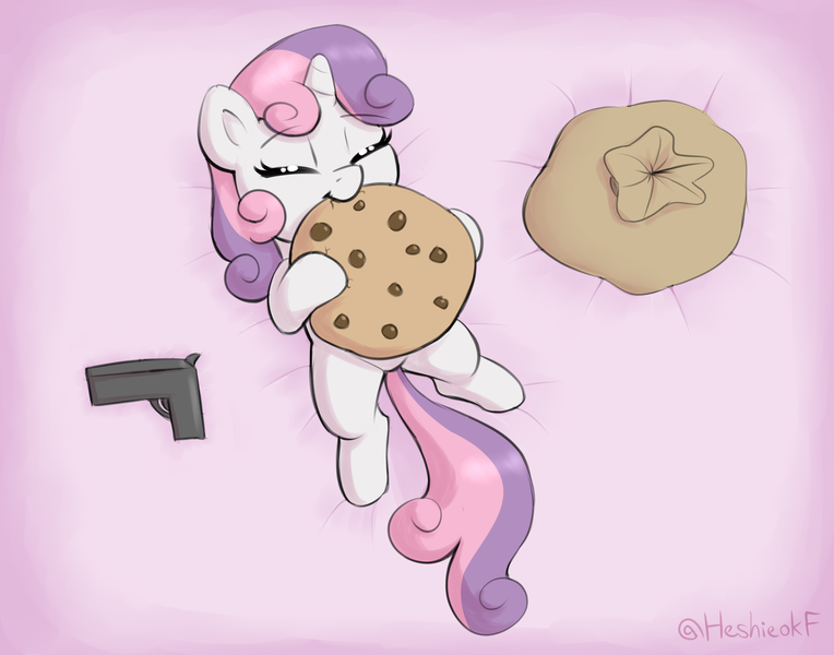 Size: 2756x2164 | Tagged: safe, artist:heretichesh, derpibooru import, sweetie belle, pony, unicorn, colored, cookie, cute, diasweetes, eating, eyebrows, eyebrows visible through hair, eyes closed, female, filly, food, gun, handgun, happy, high res, horn, image, lying down, nom, on back, overhead view, pistol, png, robbery, sack, simple background, solo, tail, two toned mane, two toned tail, weapon