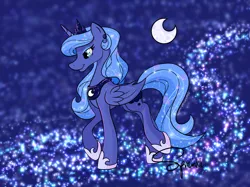 Size: 1366x1024 | Tagged: safe, artist:turtletroutstudios, derpibooru import, princess luna, alicorn, pony, crescent moon, ethereal mane, female, hoof shoes, horn, image, jewelry, mare, moon, peytral, png, raised hoof, signature, smiling, solo, starry mane, stars, tiara, transparent moon, wings