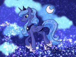 Size: 1023x767 | Tagged: safe, alternate version, artist:turtletroutstudios, derpibooru import, princess luna, alicorn, pony, crescent moon, ethereal mane, female, hoof shoes, horn, image, jewelry, jpeg, mare, moon, peytral, raised hoof, signature, smiling, solo, starry mane, stars, tiara, transparent moon, wings