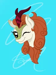 Size: 1024x1366 | Tagged: safe, artist:turtletroutstudios, derpibooru import, autumn blaze, kirin, blue background, bust, eyelashes, head only, image, looking at you, one eye closed, png, portrait, simple background, smiling, smiling at you, solo, wink, winking at you