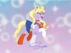 Size: 1023x767 | Tagged: safe, artist:turtletroutstudios, derpibooru import, ponified, earth pony, pony, :d, abstract background, choker, clothes, eyelashes, eyes closed, female, image, jpeg, mare, open mouth, open smile, raised hoof, sailor moon, serena tsukino, signature, smiling, socks, solo