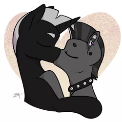 Size: 3000x3000 | Tagged: safe, artist:zombietator, derpibooru import, oc, unofficial characters only, earth pony, pony, unicorn, abstract background, bust, collar, ear piercing, earth pony oc, horn, image, kissing, male, mohawk, piercing, png, signature, spiked collar, stallion, unicorn oc