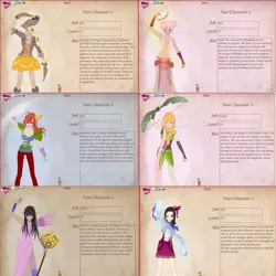 Size: 900x900 | Tagged: safe, artist:mangaka4eva, derpibooru import, applejack, fluttershy, pinkie pie, rainbow dash, rarity, twilight sparkle, human, clothes, dress, glowing hands, gun, hat, humanized, image, jpeg, mane six, pirate hat, reference sheet, skirt, weapon, winged humanization, wings