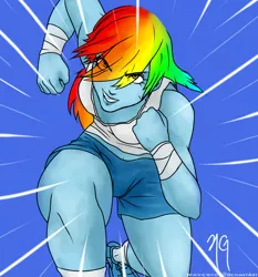Size: 1012x1088 | Tagged: safe, alternate version, artist:m-a-v-e-r-i-c-k, derpibooru import, rainbow dash, equestria girls, arm wraps, clothes, eye clipping through hair, eyelashes, female, grin, image, png, running, shoes, shorts, signature, smiling, solo