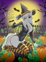 Size: 998x1349 | Tagged: suggestive, derpibooru import, anthro, bat, earth pony, human, pegasus, pony, unicorn, clothes, commission, female, fence, furry, halloween, hat, holiday, image, jpeg, night, pumpkin, sexy, socks, solo, stockings, striped socks, thigh highs, witch, witch hat, your character here