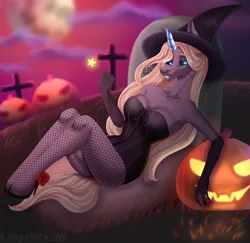 Size: 1280x1246 | Tagged: suggestive, artist:lisochka69, derpibooru import, oc, unofficial characters only, anthro, unicorn, breasts, clothes, digital art, female, fishnets, halloween, hat, holiday, horn, image, jack-o-lantern, jpeg, pumpkin, socks, solo, stockings, tail, thigh highs, thighs, underass, wide hips, witch, witch costume, witch hat