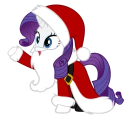 Size: 1083x1024 | Tagged: artist needed, safe, derpibooru import, rarity, pony, unicorn, beard, belt, boots, christmas, clothes, coat, costume, facial hair, fake beard, female, gloves, hat, holiday, horn, image, mare, open mouth, png, raised hoof, santa beard, santa claus, santa costume, santa hat, santa hooves, shoes, simple background, solo, transparent background, vector