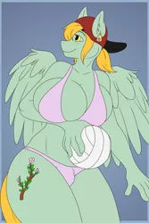 Size: 853x1280 | Tagged: suggestive, artist:axelferdinan, artist:beholdervee, derpibooru import, oc, unofficial characters only, anthro, pegasus, big breasts, bikini, breasts, bulges, cap, clothes, commission, digital art, futa, futa oc, hat, huge breasts, image, intersex, jpeg, solo, solo futa, sports, swimsuit, tail, thighs, volleyball, wide hips, wings