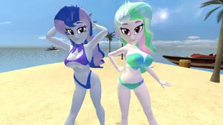 Size: 1600x900 | Tagged: suggestive, artist:oatmeal!, derpibooru import, princess celestia, princess luna, human, equestria girls, 3d, beach, bikini, boat, clothes, gmod, image, png, principal celestia, sexy, swimsuit, vice principal luna