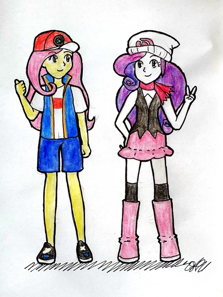 Size: 2260x3014 | Tagged: safe, artist:fude-chan-art, derpibooru import, fluttershy, rarity, equestria girls, ash ketchum, clothes, cosplay, costume, dawn (pokémon), female, hat, image, jpeg, pokémon, shorts, traditional art, vest