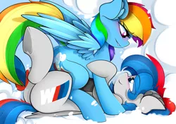 Size: 4093x2894 | Tagged: safe, artist:ahekao, derpibooru import, rainbow dash, oc, oc:emory, pegasus, pony, bmw, car pony, cloud, commission, cuddling, ear fluff, eye clipping through hair, eye contact, image, looking at each other, png, tattoo, underhoof, wings, wonderbolts, ych result