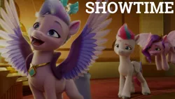 Size: 1280x720 | Tagged: safe, derpibooru import, edit, edited screencap, editor:quoterific, screencap, pipp petals, queen haven, zipp storm, pegasus, pony, my little pony: a new generation, spoiler:g5, spoiler:my little pony: a new generation, female, g5, image, jpeg, mare, open mouth, open smile, smiling, spread wings, wings
