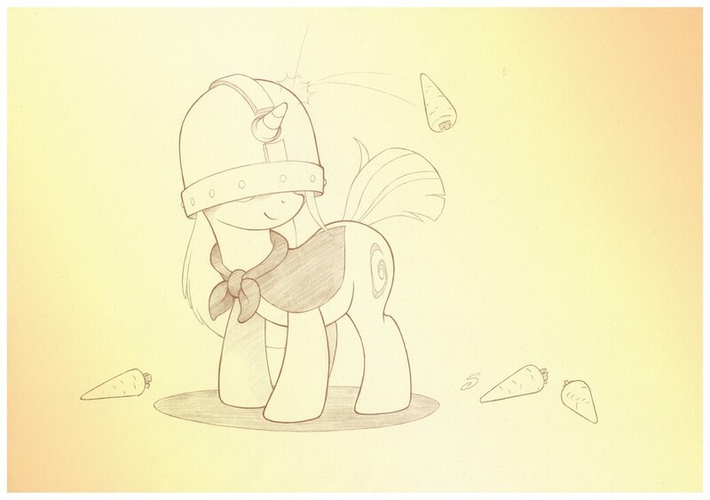 Size: 1041x733 | Tagged: safe, artist:sherwoodwhisper, derpibooru import, oc, oc:eri, pony, unicorn, cape, carrot, clothes, female, filly, food, helmet, image, inktober, inktober 2021, jpeg, monochrome, solo