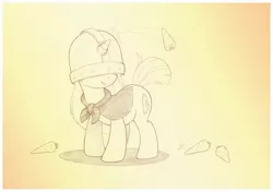 Size: 1041x733 | Tagged: safe, artist:sherwoodwhisper, derpibooru import, oc, oc:eri, pony, unicorn, cape, carrot, clothes, female, filly, food, helmet, image, inktober, inktober 2021, jpeg, monochrome, solo