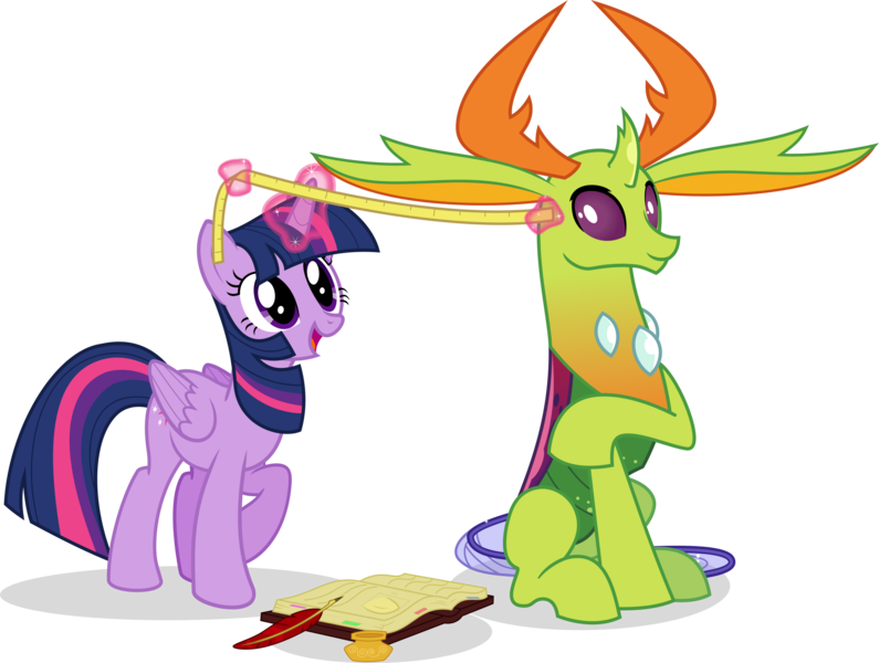 Size: 3072x2318 | Tagged: safe, artist:jp, derpibooru import, thorax, twilight sparkle, twilight sparkle (alicorn), alicorn, changedling, changeling, pony, big ears, book, derpibooru exclusive, duo, female, happy, image, inkwell, magic, measuring tape, mlp fim's eleventh anniversary, png, quill, simple background, telekinesis, transparent background, vector