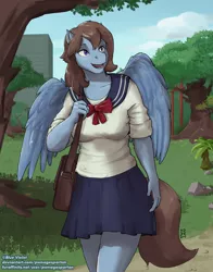 Size: 1760x2240 | Tagged: safe, artist:pwnagespartan, derpibooru import, oc, oc:blue violet, unofficial characters only, anthro, pegasus, anthro oc, clothes, female, image, park, png, sailor uniform, schoolgirl, school uniform, solo, uniform