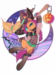 Size: 885x1200 | Tagged: safe, artist:musicfirewind, derpibooru import, sunny starscout, earth pony, pony, my little pony: a new generation, clothes, costume, g5, halloween, halloween costume, hat, holiday, image, jack-o-lantern, jpeg, one eye closed, open mouth, pumpkin, socks, stockings, thigh highs, witch hat