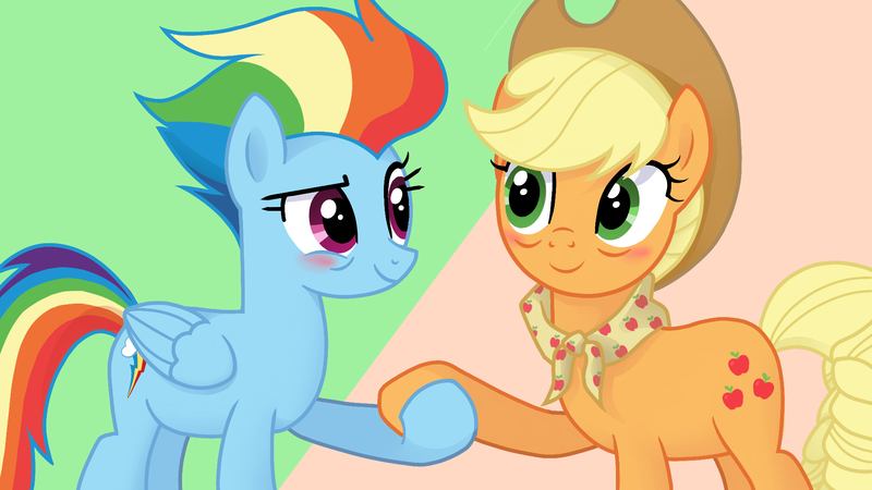 Size: 1920x1080 | Tagged: safe, artist:sallyso, derpibooru import, applejack, rainbow dash, earth pony, pegasus, pony, alternate hairstyle, appledash, applejack's hat, blushing, cowboy hat, female, hat, holding hooves, image, lesbian, looking at each other, mare, older, older applejack, older rainbow dash, png, shipping