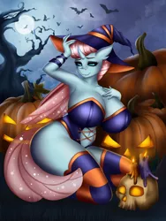 Size: 2250x3000 | Tagged: suggestive, derpibooru import, ocellus, anthro, bat, changedling, changeling, belly button, big breasts, breasts, busty ocellus, candle, cleavage, clothes, female, full moon, halloween, hat, holiday, huge breasts, image, kneeling, leotard, moon, navel cutout, png, pumpkin, skull, socks, solo, solo female, stockings, thigh highs, witch costume, witch hat, wristband