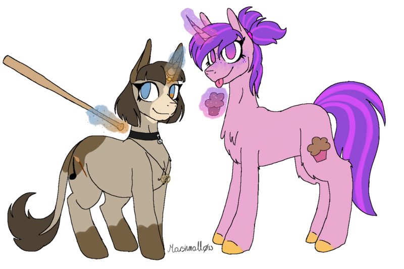 Size: 1280x854 | Tagged: safe, artist:sunshmallow, derpibooru import, oc, unofficial characters only, pony, unicorn, baseball bat, chest fluff, curved horn, duo, female, food, glow, glowing horn, horn, image, muffin, png, simple background, transparent background