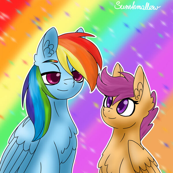 Size: 1280x1280 | Tagged: safe, artist:sunshmallow, derpibooru import, rainbow dash, scootaloo, pegasus, pony, chest fluff, duo, duo female, ear fluff, female, filly, folded wings, image, jpeg, lidded eyes, mare, multicolored hair, outline, purple eyes, purple mane, rainbow background, rainbow hair, smiling, white outline, wings