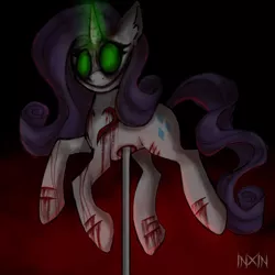 Size: 1188x1188 | Tagged: grimdark, derpibooru import, fluttershy, rarity, pony, unicorn, lil-miss rarity, inspiration manifestation, blood, female, glow, glowing eyes, glowing horn, goretober, goretober 2021, horn, image, impalement, png