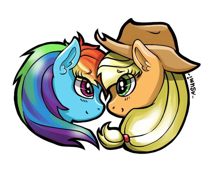 Size: 1708x1416 | Tagged: safe, artist:asumi, derpibooru import, applejack, rainbow dash, earth pony, pegasus, pony, appledash, female, image, jpeg, lesbian, shipping, simple background, white background