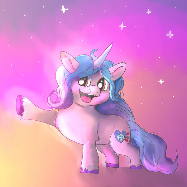 Size: 1280x1280 | Tagged: safe, artist:deltacandyfox, derpibooru import, izzy moonbow, pony, unicorn, female, g5, horn, image, jpeg, mare, open mouth, open smile, short legs, smiling, solo, tail, unshorn fetlocks