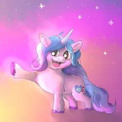 Size: 1280x1280 | Tagged: safe, artist:deltacandyfox, derpibooru import, izzy moonbow, pony, unicorn, female, g5, horn, image, jpeg, mare, open mouth, open smile, short legs, smiling, solo, tail, unshorn fetlocks