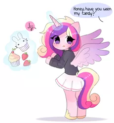 Size: 1200x1300 | Tagged: safe, artist:franshushu, derpibooru import, princess cadance, alicorn, anthro, advertisement, arm hooves, candy, commission, commission info, cupcake, cute, food, image, implied shining armor, jpeg, licking, licking lips, offscreen character, simple background, solo, strawberry, tongue out, white background